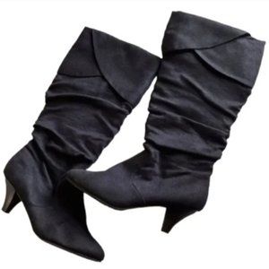 Bumper Women Suede Side Zipper Mid-Calf Tall Boots with Heels, Black